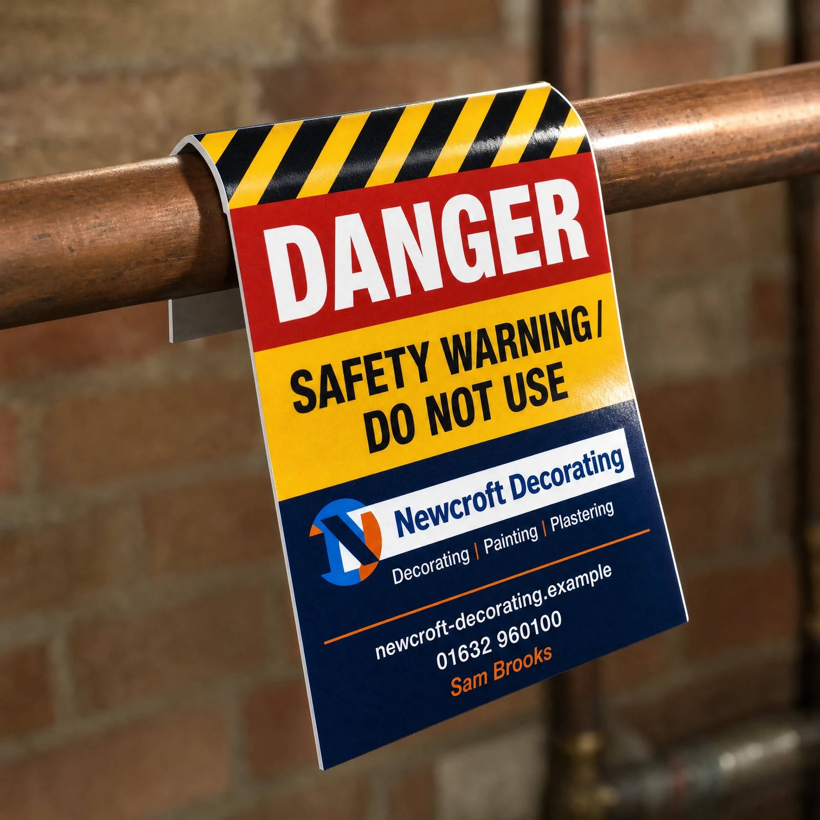 Printed Pipe Tags with Newcroft Decorating example branding and custom contact details.