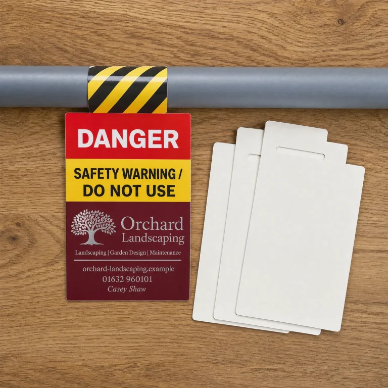 Printed Pipe Tags with Orchard Landscaping example branding and custom contact details.