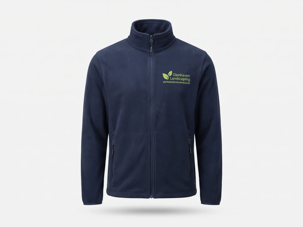 Navy ProRTX RX401 micro fleece with example Glenhaven Landscaping chest embroidery on a light grey background.