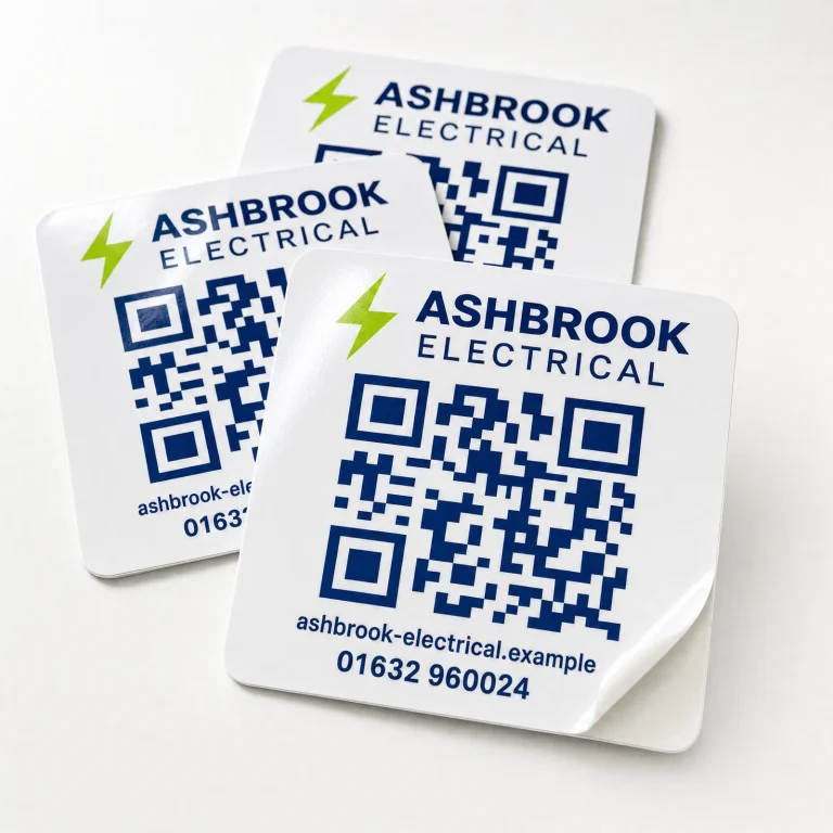 QR Code Stickers with Ashbrook Electrical example branding and custom contact details.