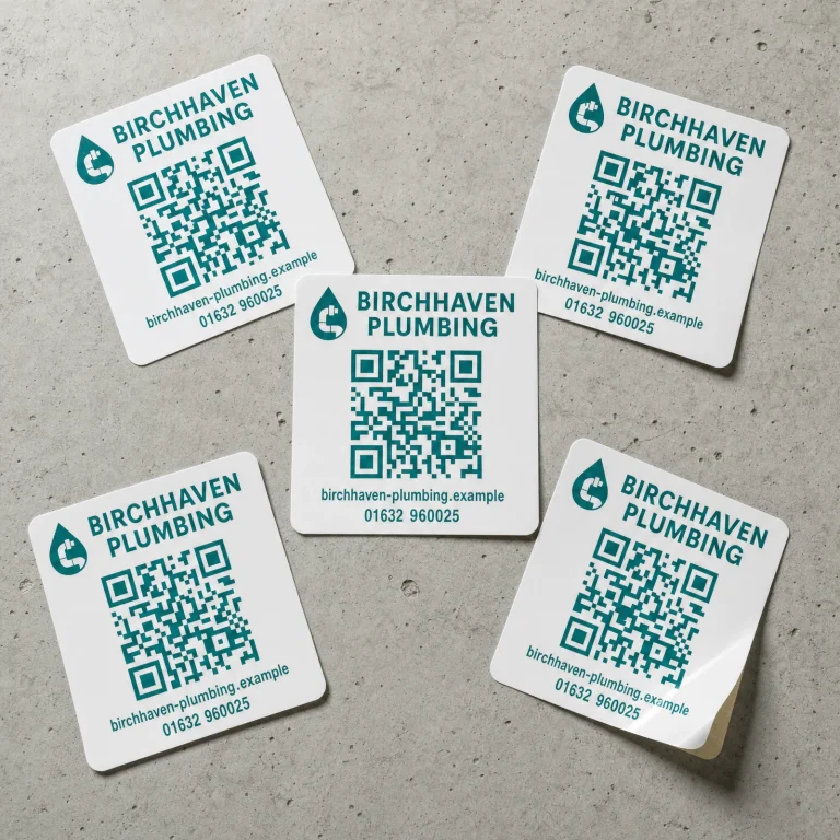 QR Code Stickers with Birchhaven Plumbing example branding and custom contact details.