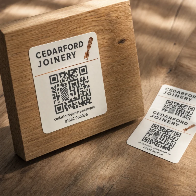 QR Code Stickers with Cedarford Joinery example branding and custom contact details.