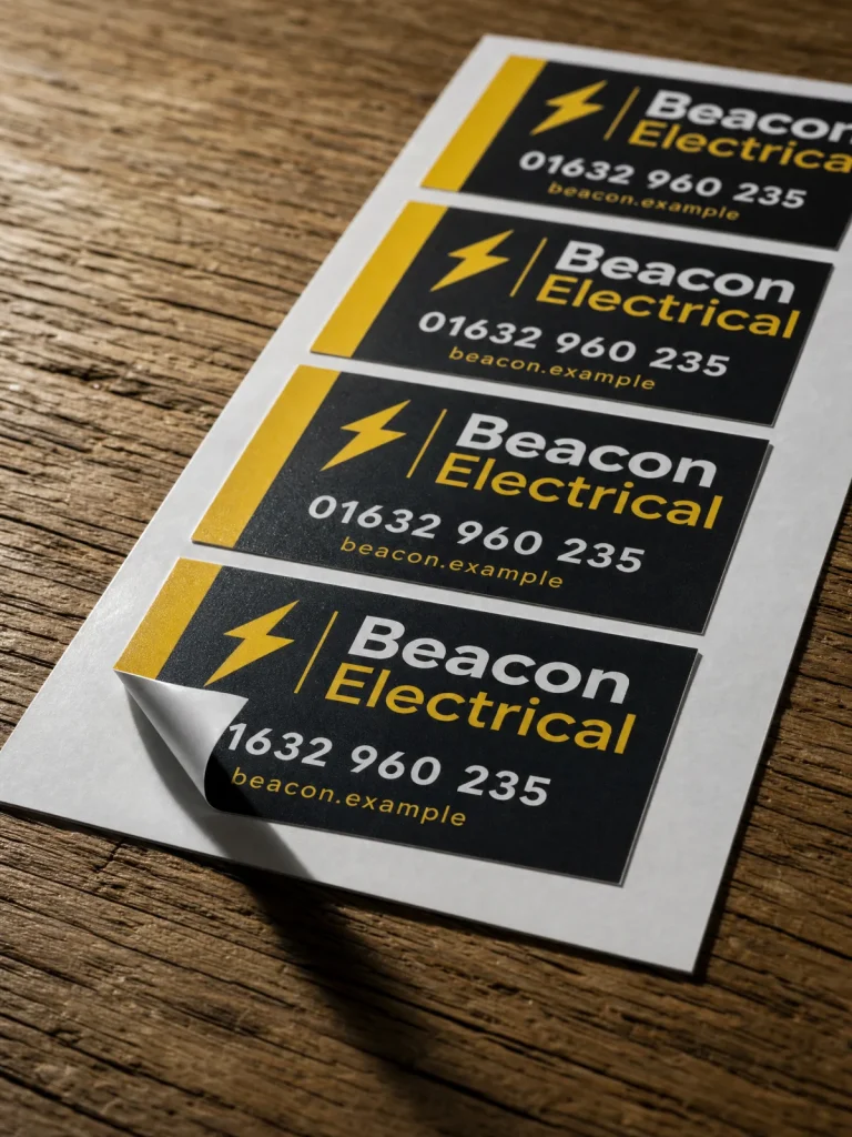 Rectangular business stickers with Beacon Electrical logo and clear contact details.