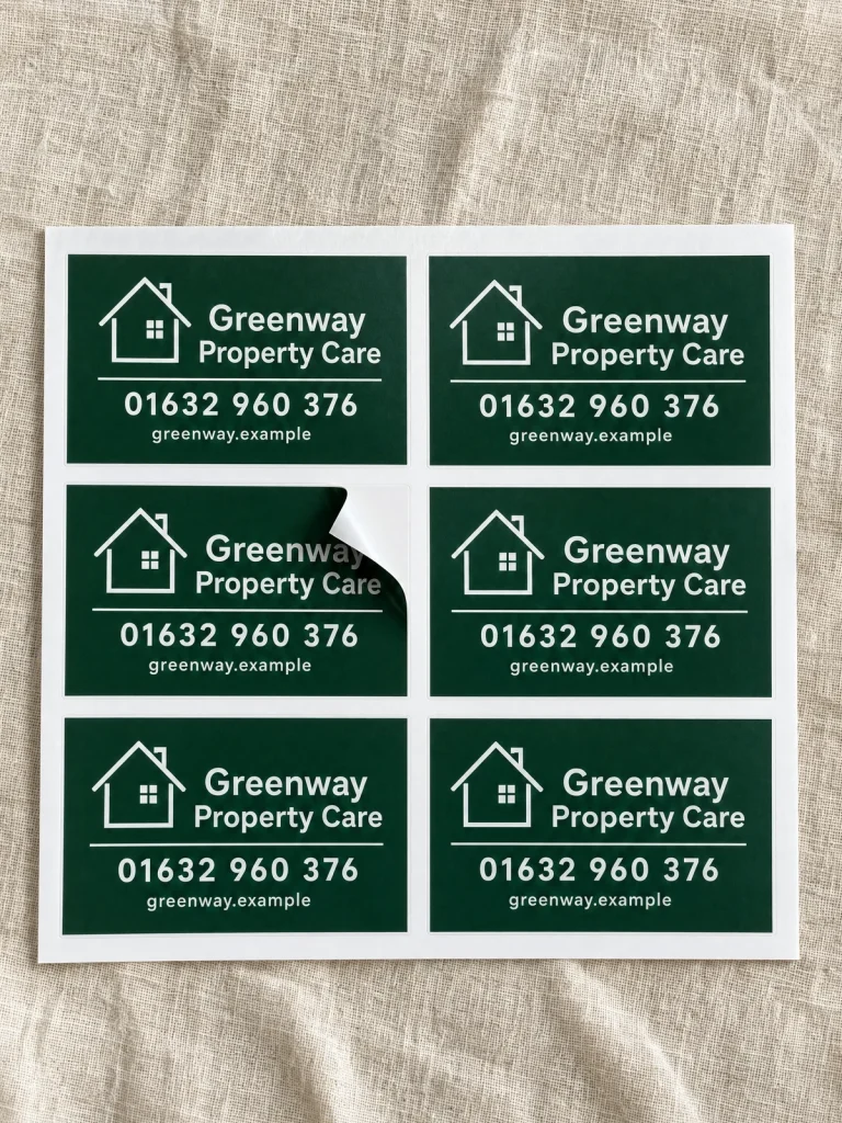 Custom rectangle stickers with Greenway Property Care branding, phone number and website.