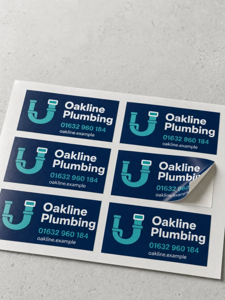 Custom rectangle vinyl stickers with Oakline Plumbing logo, phone number and website on backing sheets.