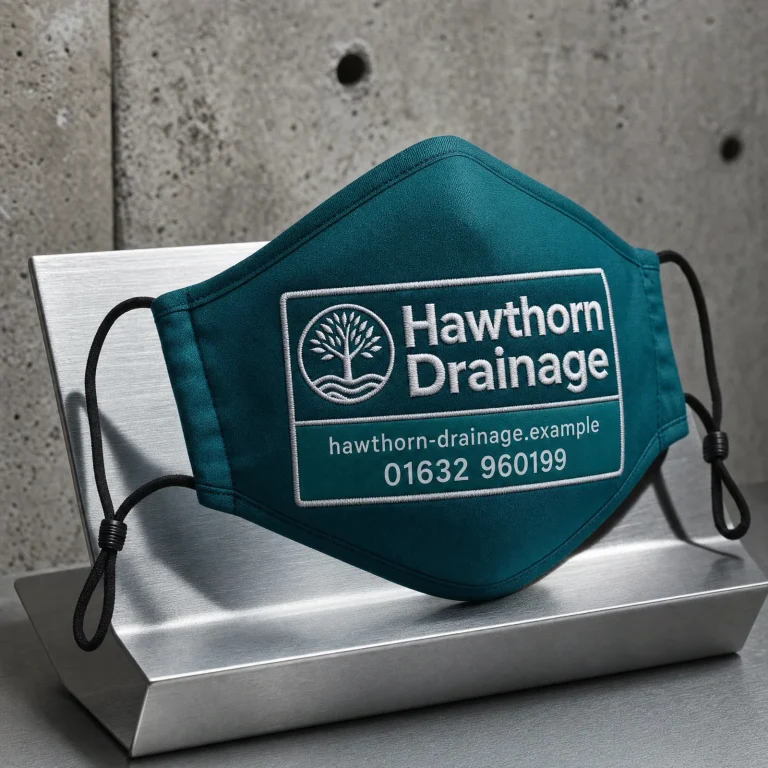 Reusable Face Masks with Hawthorn Drainage example branding and custom contact details.