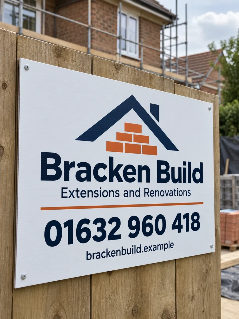 Bracken Build corrugated plastic site board with a roof-and-brick logo, phone number and website at a building site.
