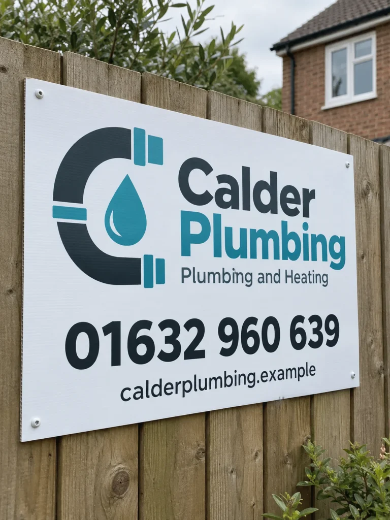 Calder Plumbing site board with a pipe-and-water-drop logo, phone number and website on a residential fence.