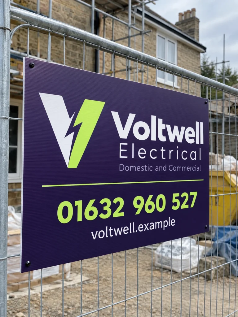 Voltwell Electrical site board with a lightning logo and prominent phone number and website on site fencing.
