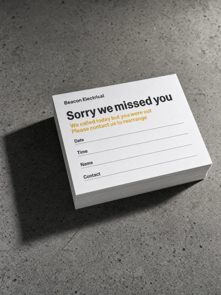 Custom Sorry We Missed You cards for electricians with Beacon Electrical branding and space for visit details.