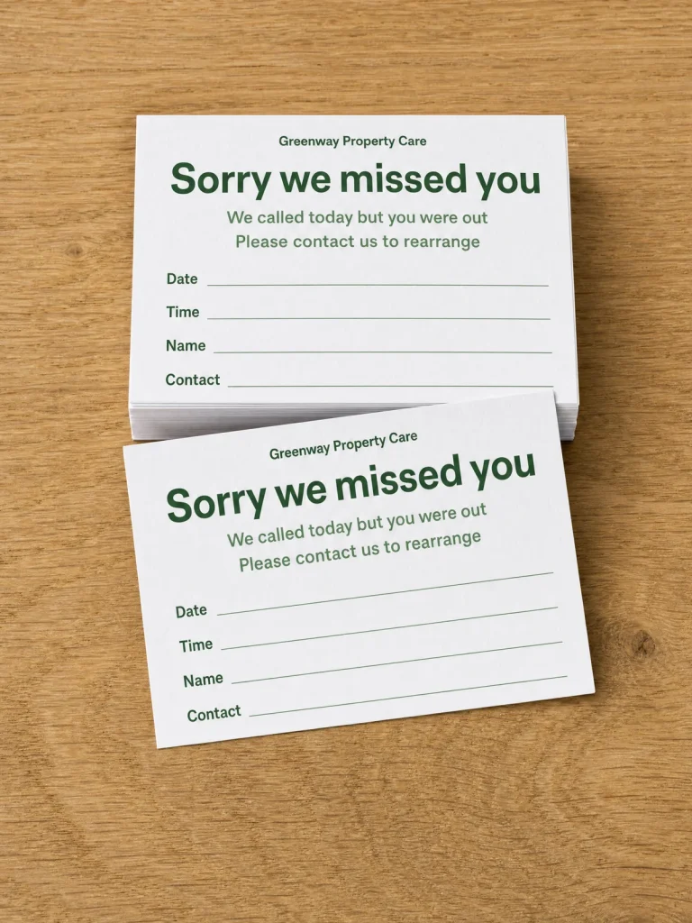 Tradesperson missed-visit cards with Greenway Property Care branding and a message asking the customer to rearrange.