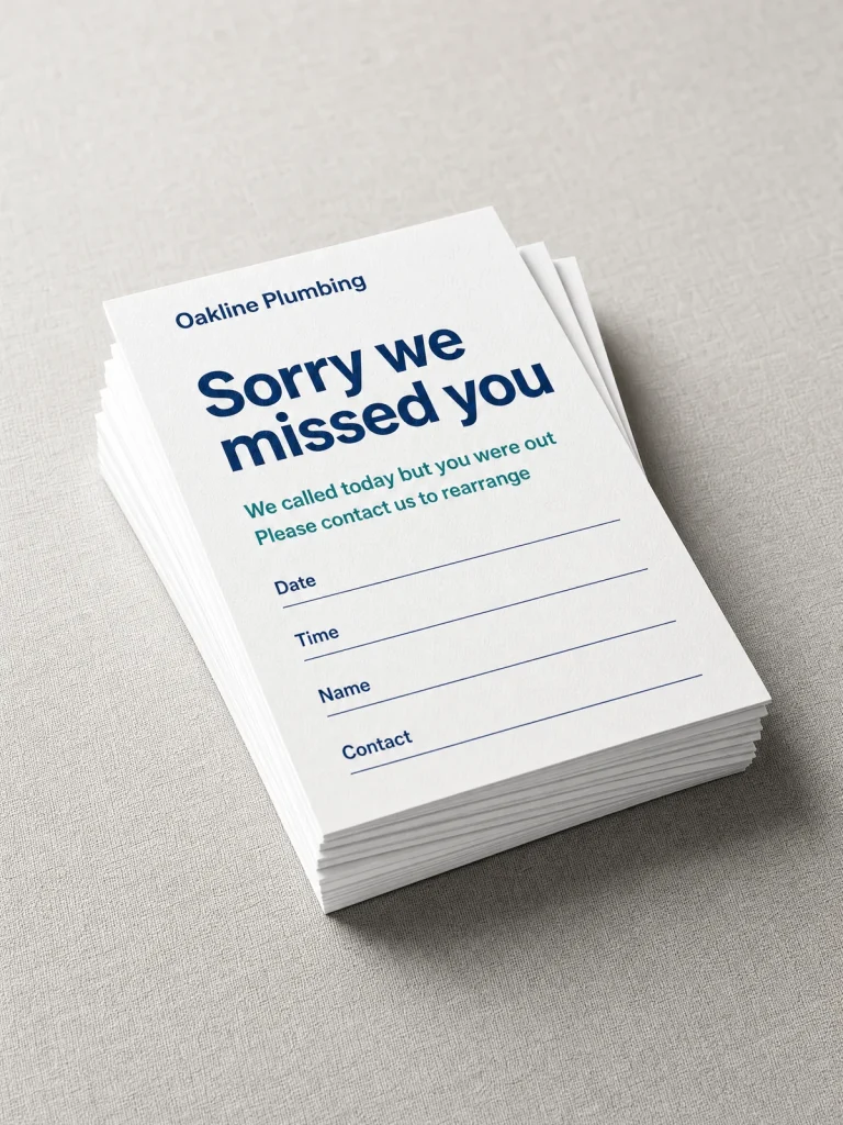 Sorry We Missed You cards with Oakline Plumbing branding and blank visit date, time and contact fields.
