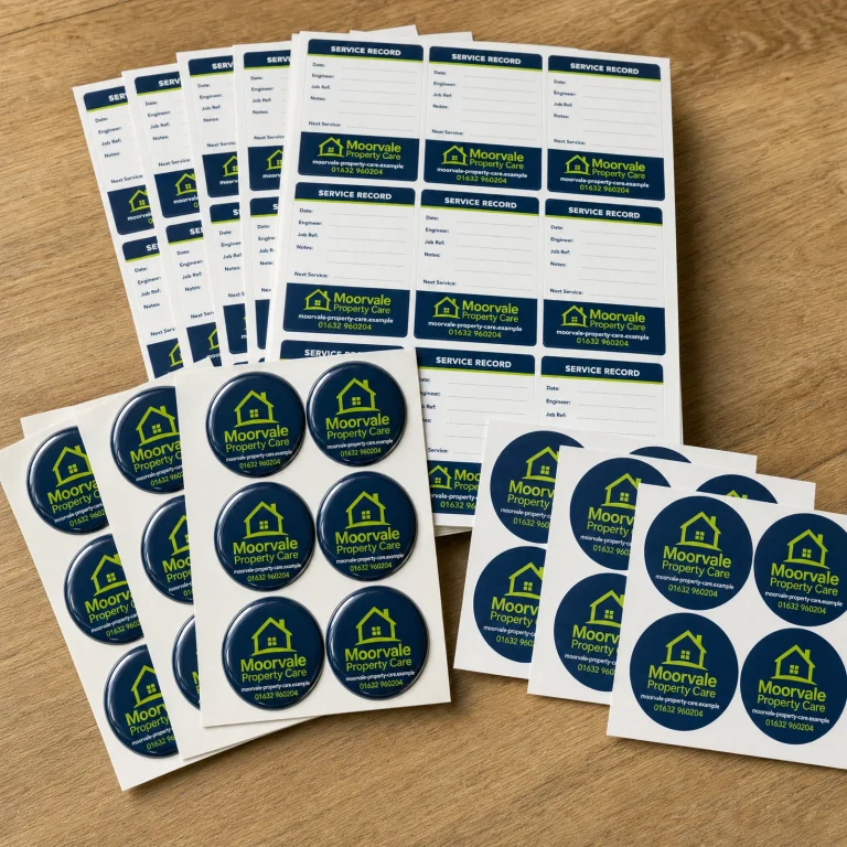 Sticker Up Bundle with Moorvale Property Care example branding and custom contact details.