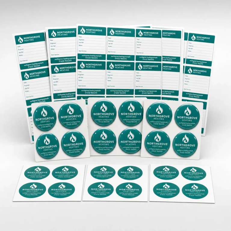 Sticker Up Bundle with Northgrove Heating example branding and custom contact details.