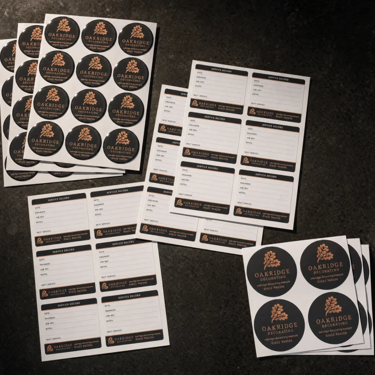 Sticker Up Bundle with Oakridge Decorating example branding and custom contact details.