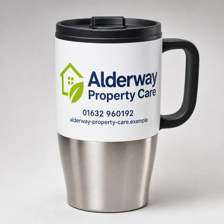Travel Mugs with Alderway Property Care example branding and custom contact details.