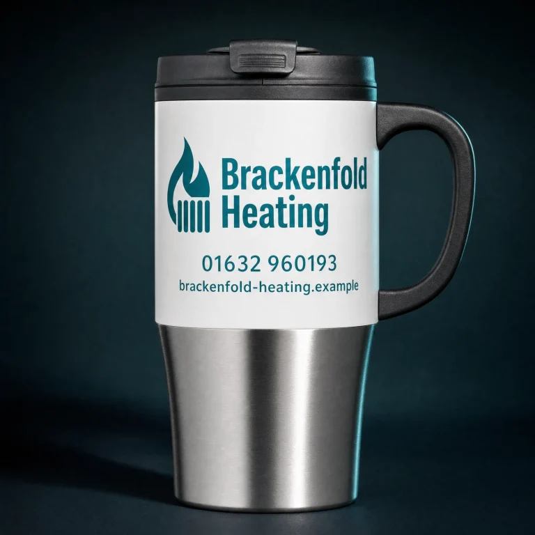 Travel Mugs with Brackenfold Heating example branding and custom contact details.