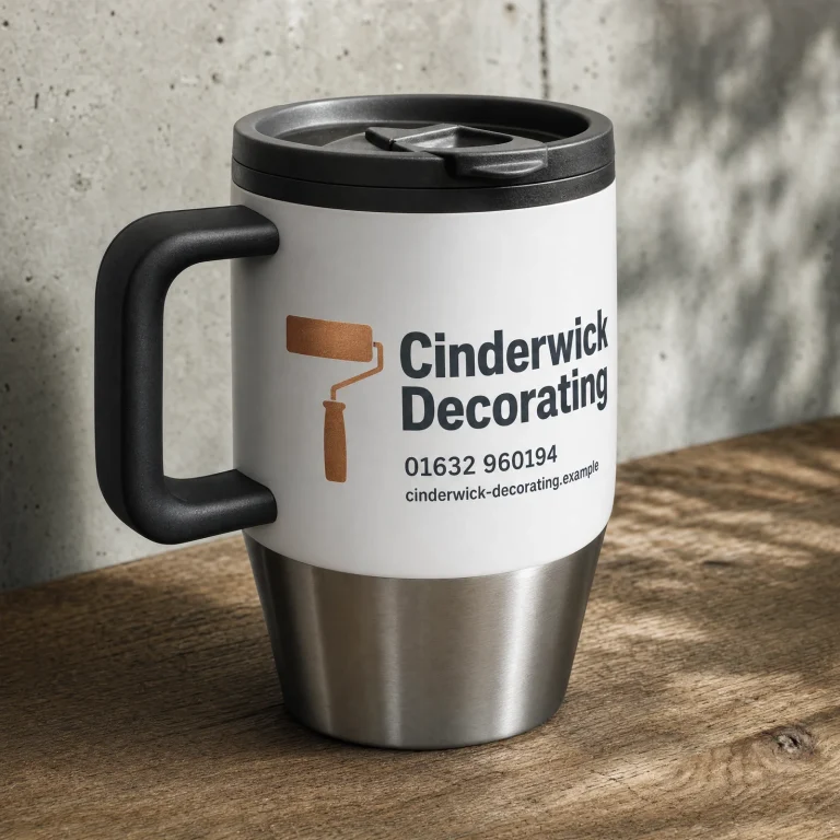 Travel Mugs with Cinderwick Decorating example branding and custom contact details.
