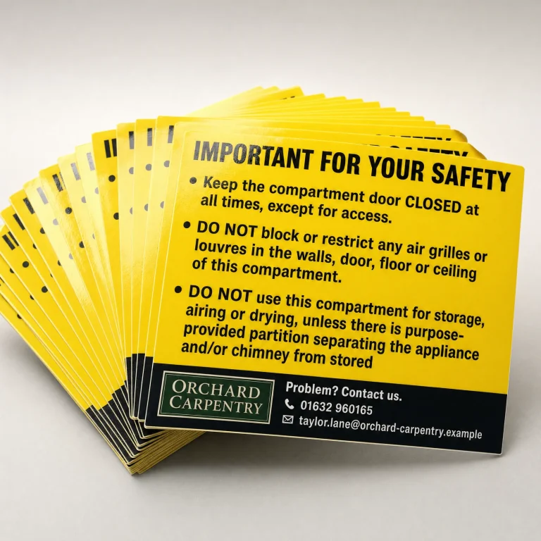 Vent Important Safety Stickers with Orchard Carpentry example branding and custom contact details.