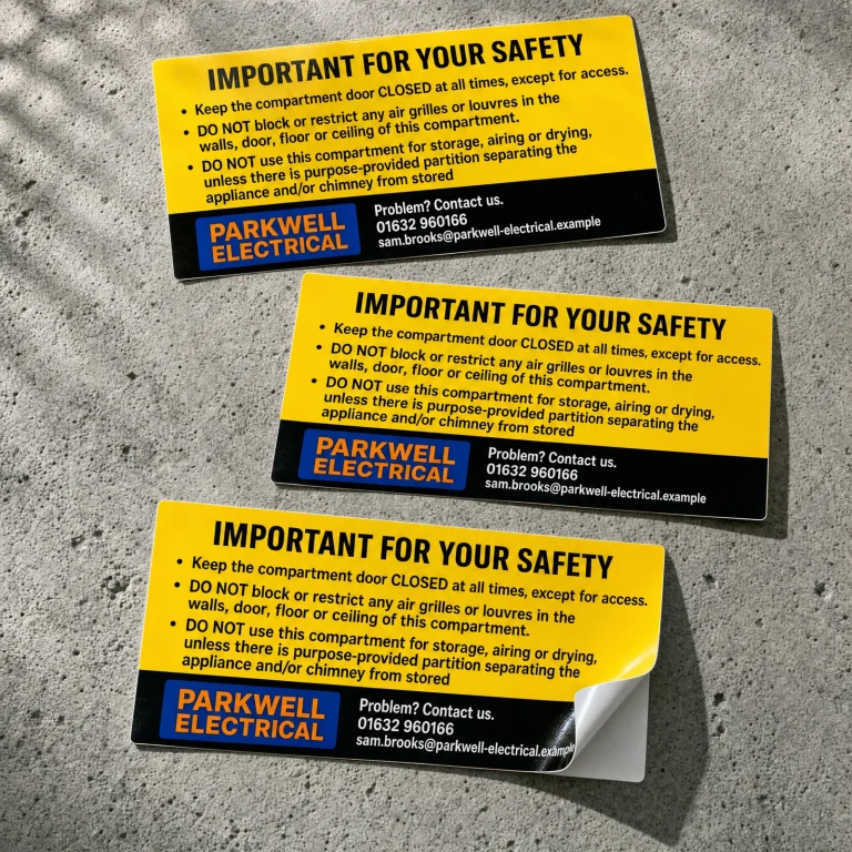 Vent Important Safety Stickers with Parkwell Electrical example branding and custom contact details.