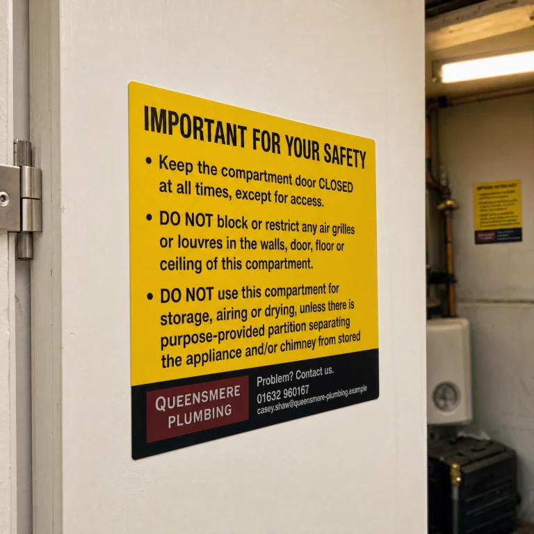 Vent Important Safety Stickers with Queensmere Plumbing example branding and custom contact details.