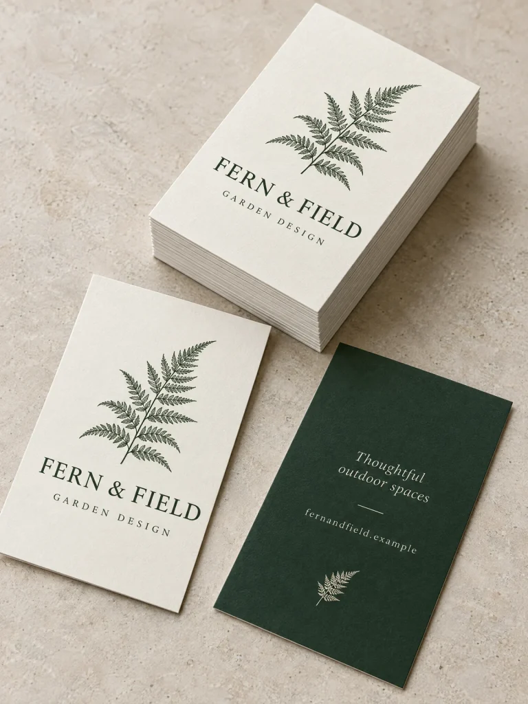 Custom vertical business cards with forest green and ivory Fern & Field garden design branding.