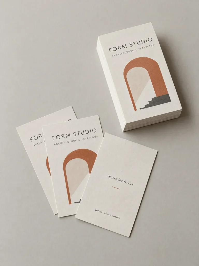Portrait business cards with charcoal and terracotta Form Studio architecture and interiors branding.