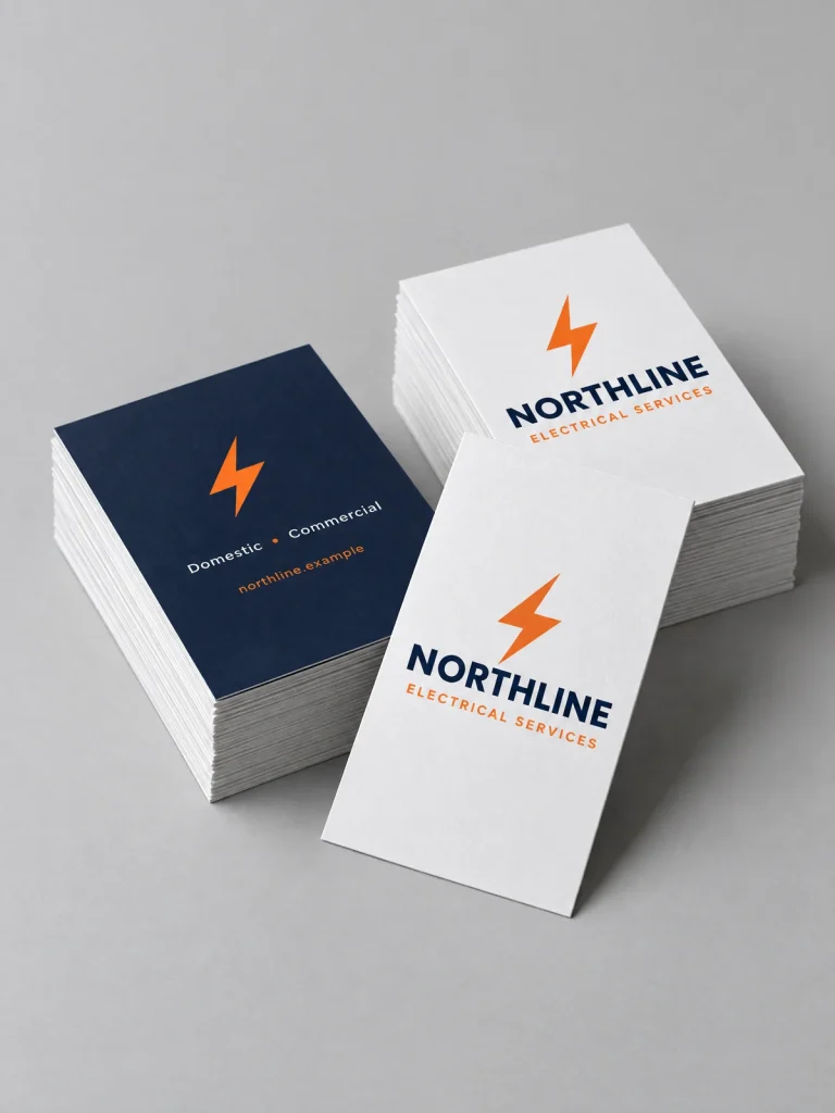 Navy and orange vertical business cards with Northline electrical services branding, shown in printed stacks.