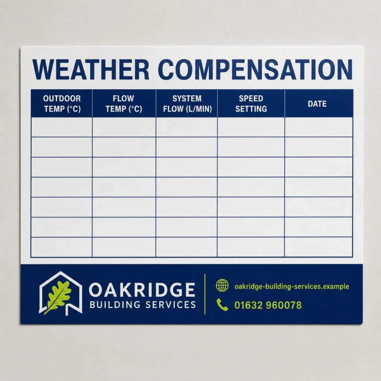 Weather Compensation Stickers with Oakridge Building Services example branding and custom contact details.
