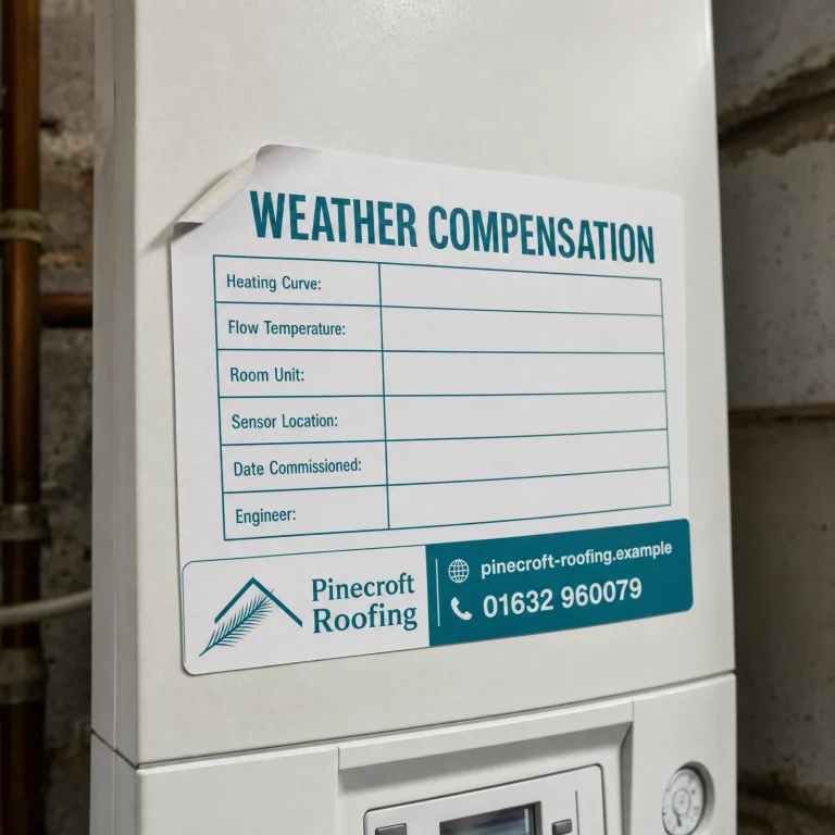 Weather Compensation Stickers with Pinecroft Roofing example branding and custom contact details.