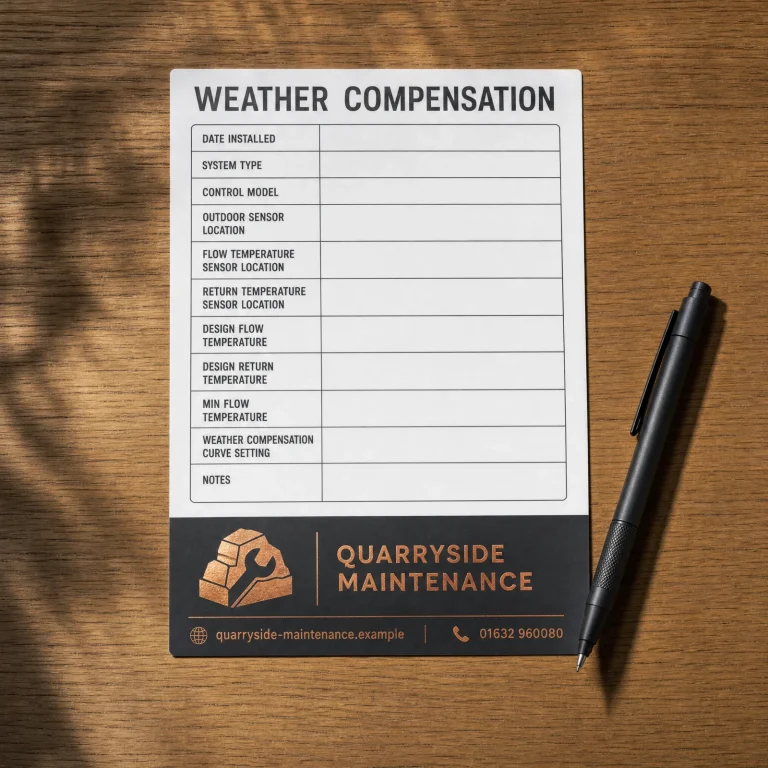 Weather Compensation Stickers with Quarryside Maintenance example branding and custom contact details.
