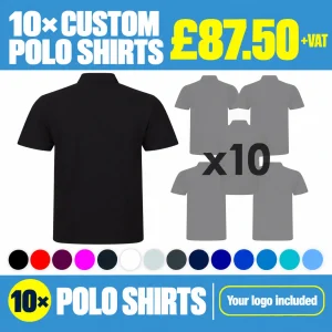 10x Custom Polo Shirts Bundle - GBP 87.50 +VAT. 10 polo shirts.