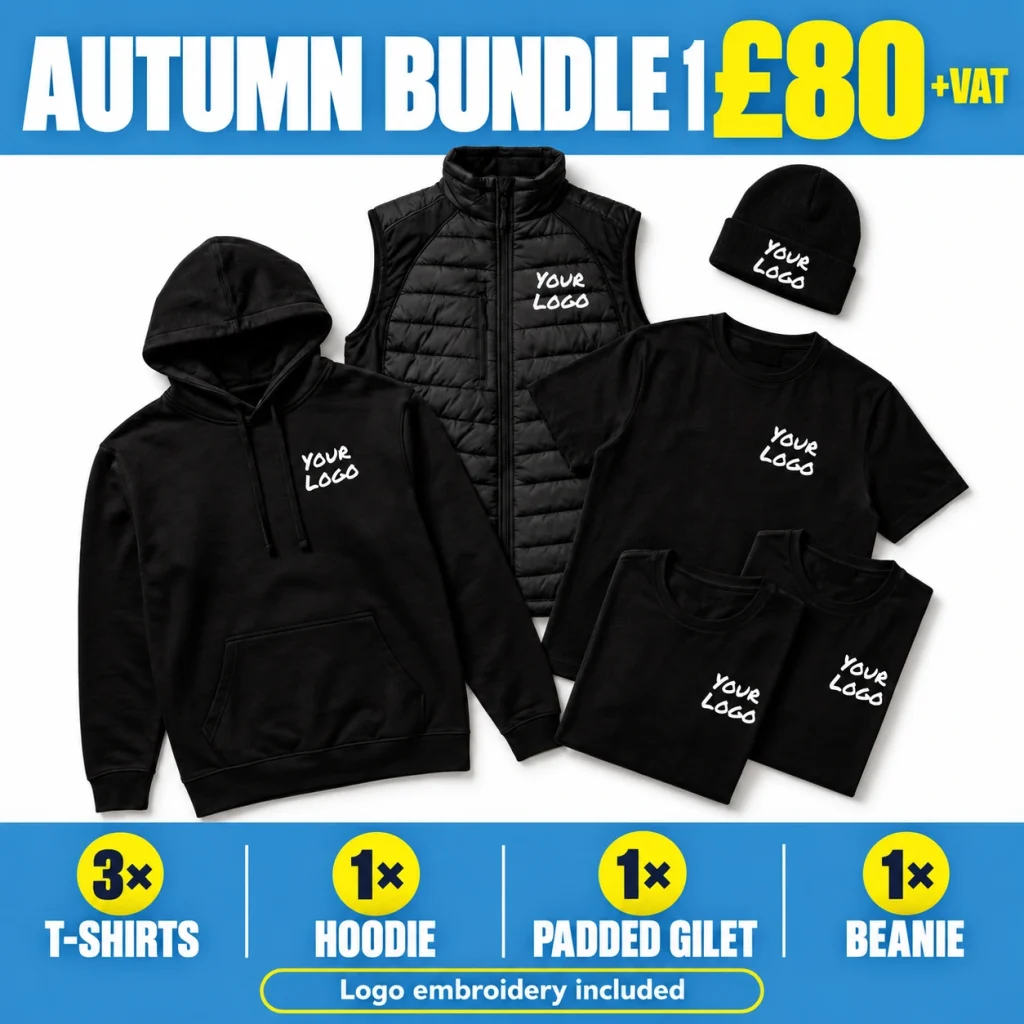 Autumn Bundle 1 - GBP 80.00 +VAT. 3 T-shirts; 1 hoodie; 1 padded gilet; 1 beanie.