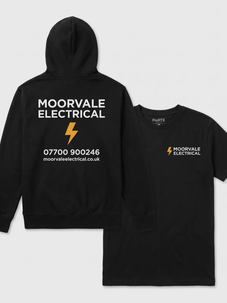 Black work hoodie and T-shirt demonstrating a large Moorvale Electrical back print with business contact details and a small matching left chest logo.
