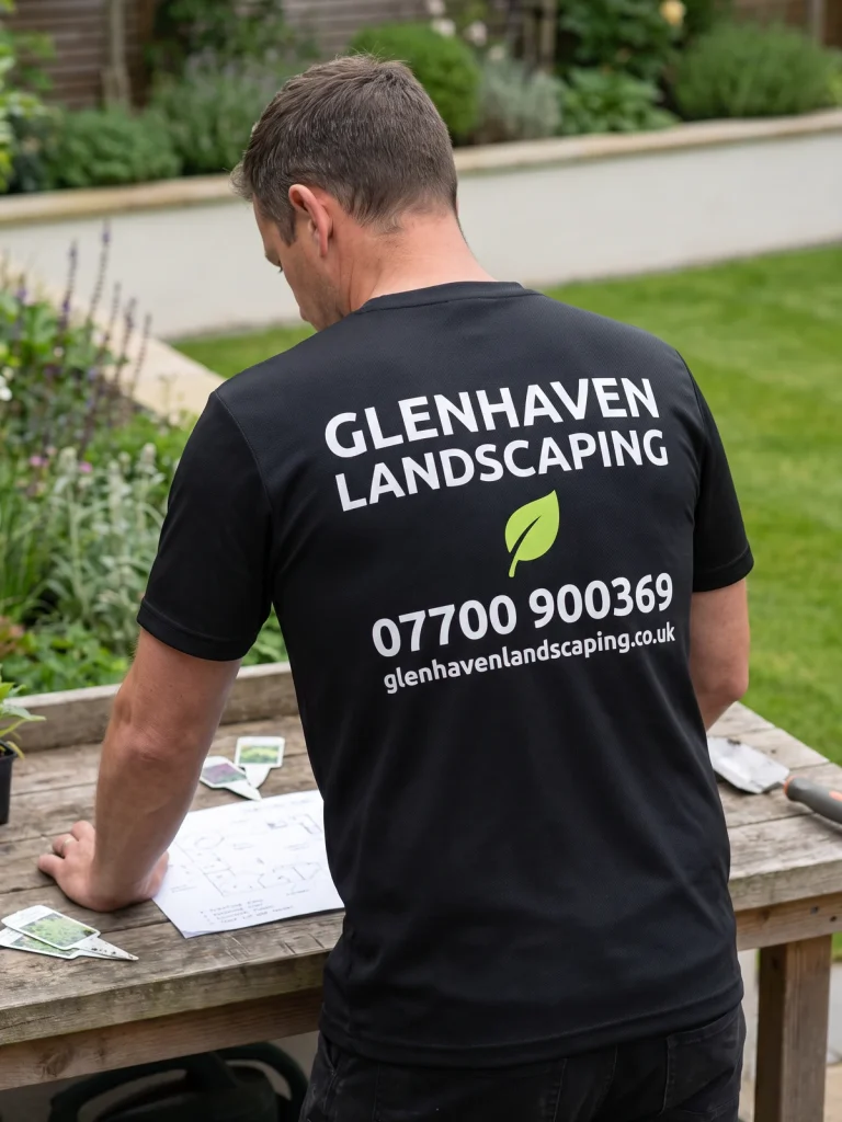 Tradesperson wearing a black branded work T-shirt with a large Glenhaven Landscaping logo, phone number and website on the back at a garden landscaping job.