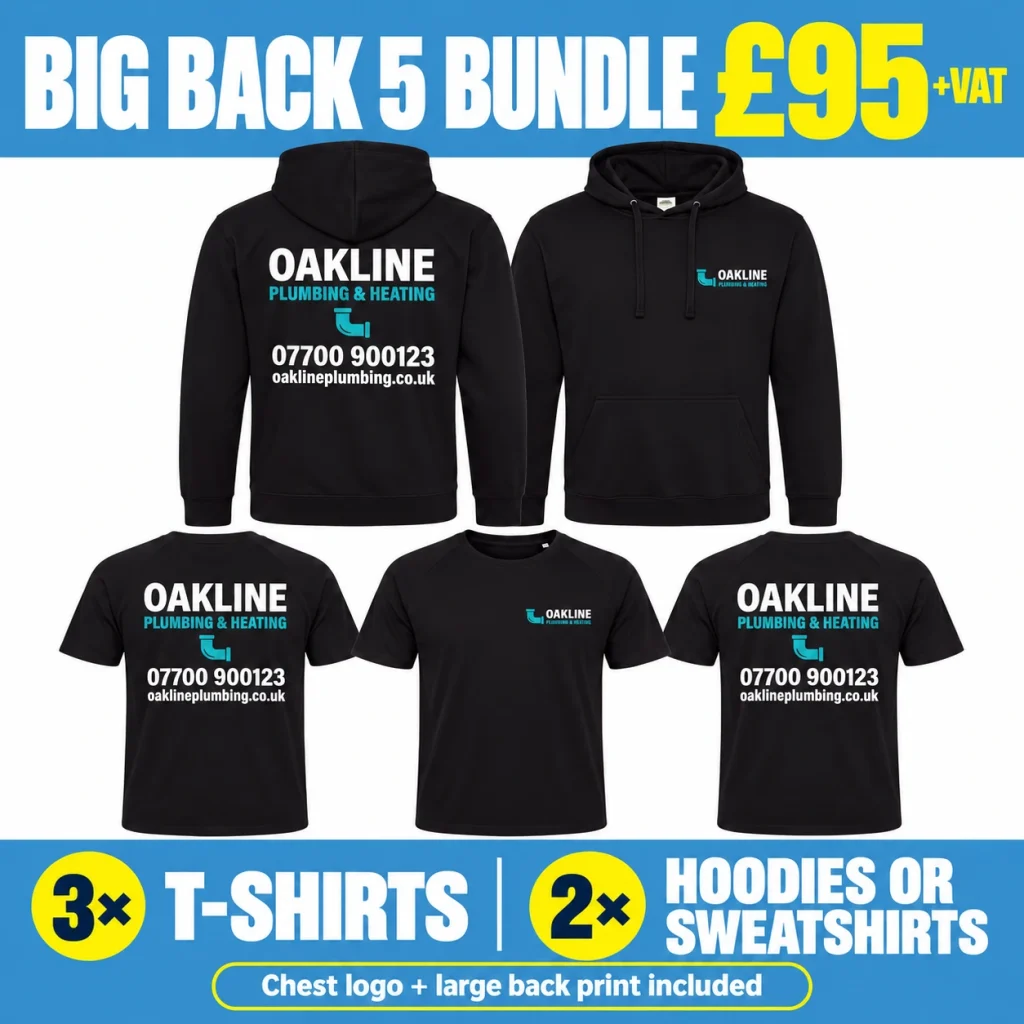 Big Back 5 Bundle - GBP 95.00 +VAT. 3 T-shirts; 2 hoodies or sweatshirts; chest logo and large back print.