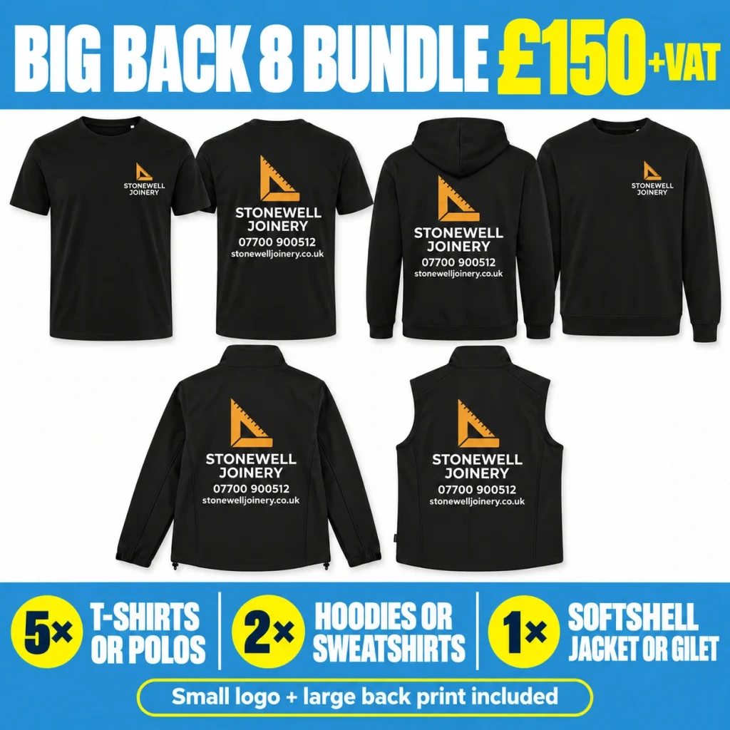 Big Back 8 Bundle - GBP 150.00 +VAT. 5 T-shirts or polos; 2 hoodies or sweatshirts; 1 softshell jacket or gilet; small logo and large back print.