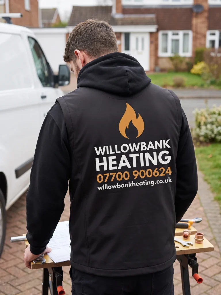 Tradesperson wearing a black softshell gilet over a hoodie, with a large Willowbank Heating back print, phone number and website at a residential job.