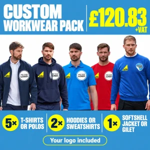 Custom Workwear Pack - GBP 120.83 +VAT. 5 T-shirts or polos; 2 hoodies or sweatshirts; 1 softshell jacket or gilet.