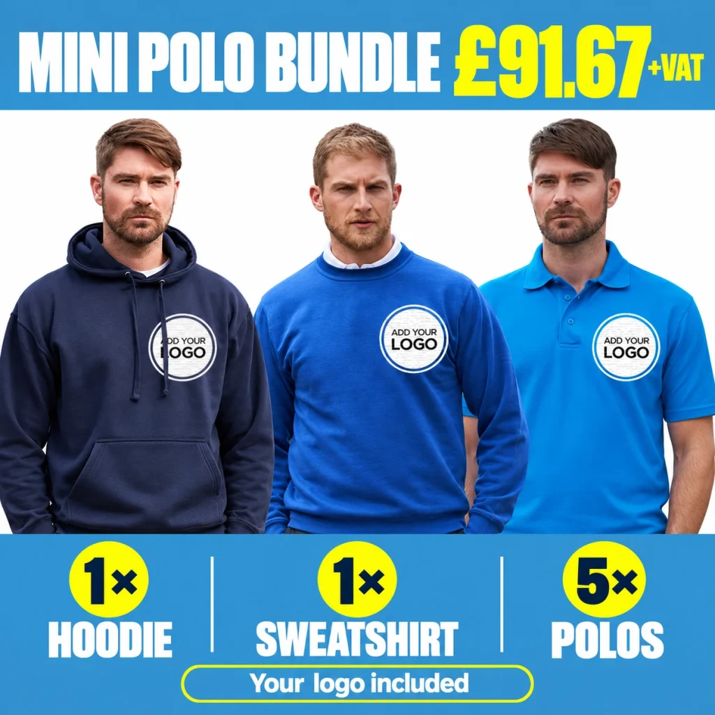 Mini Workwear Polo Bundle - GBP 91.67 +VAT. 1 hoodie; 1 sweatshirt; 5 polos.