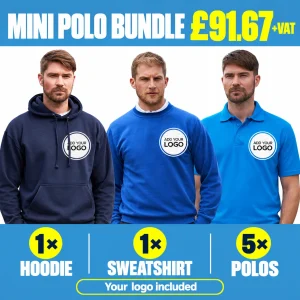 Mini Workwear Polo Bundle - GBP 91.67 +VAT. 1 hoodie; 1 sweatshirt; 5 polos.