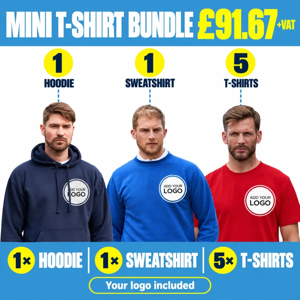 Mini Workwear T-Shirt Bundle - GBP 91.67 +VAT. 1 hoodie; 1 sweatshirt; 5 T-shirts.