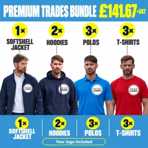 Premium Trades Workwear Bundle - GBP 141.67 +VAT. 1 softshell jacket; 2 hoodies; 3 polos; 3 T-shirts.