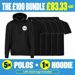The £100 Bundle - GBP 83.33 +VAT. 5 polos; 1 hoodie.