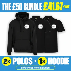 The £50 Bundle - GBP 41.67 +VAT. 2 polos; 1 hoodie.