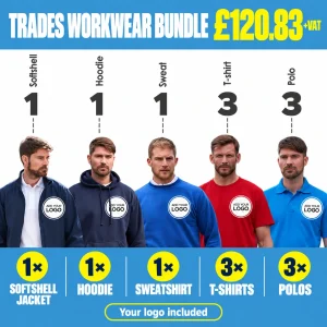 Trades Workwear Bundle - GBP 120.83 +VAT. 1 softshell jacket; 1 hoodie; 1 sweatshirt; 3 T-shirts; 3 polos.